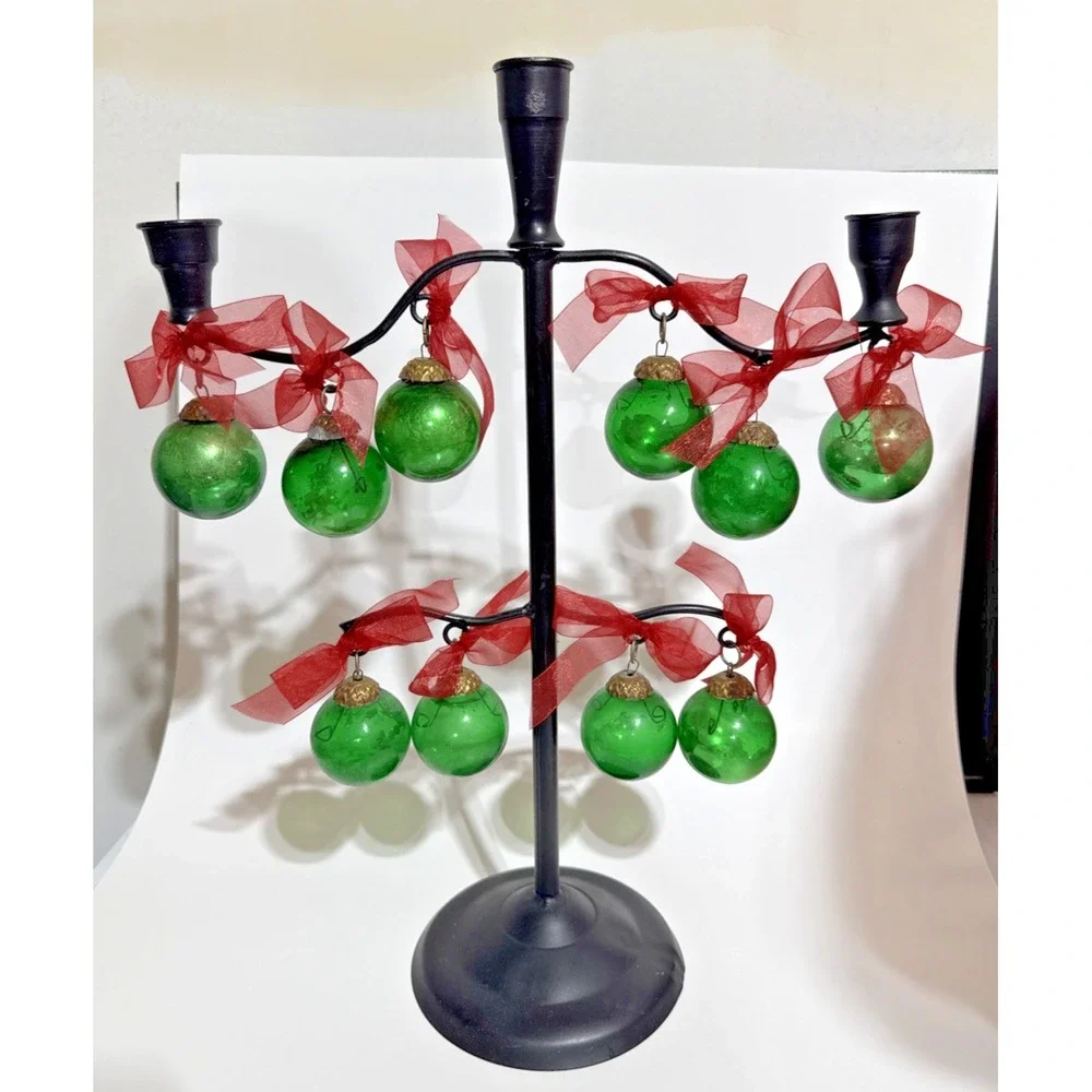 Vintage Black Christmas Candelabra With Green And Brass Ornaments 3 Candlesticks